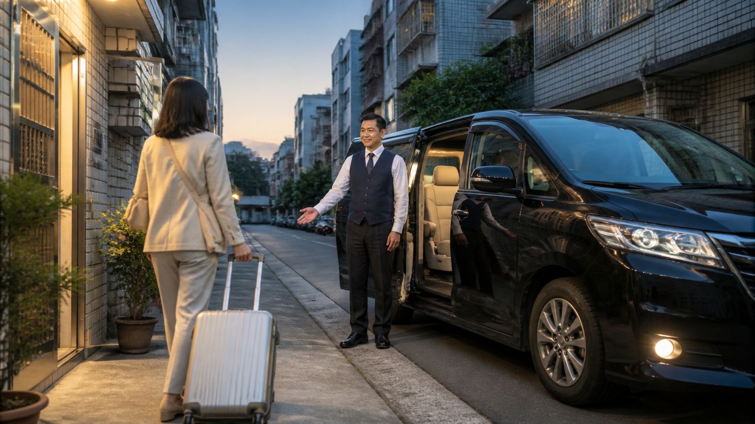 清晨出發去機場，旅客拉著行李箱走出家門，接送車已在門口等候
