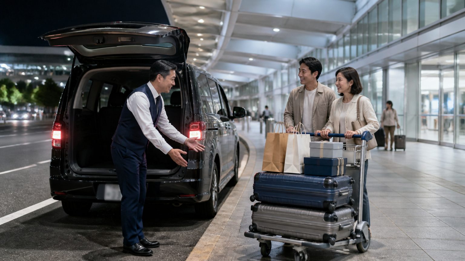 深夜回國的旅客推著裝滿伴手禮的行李車，走向在機場外等候的接送車