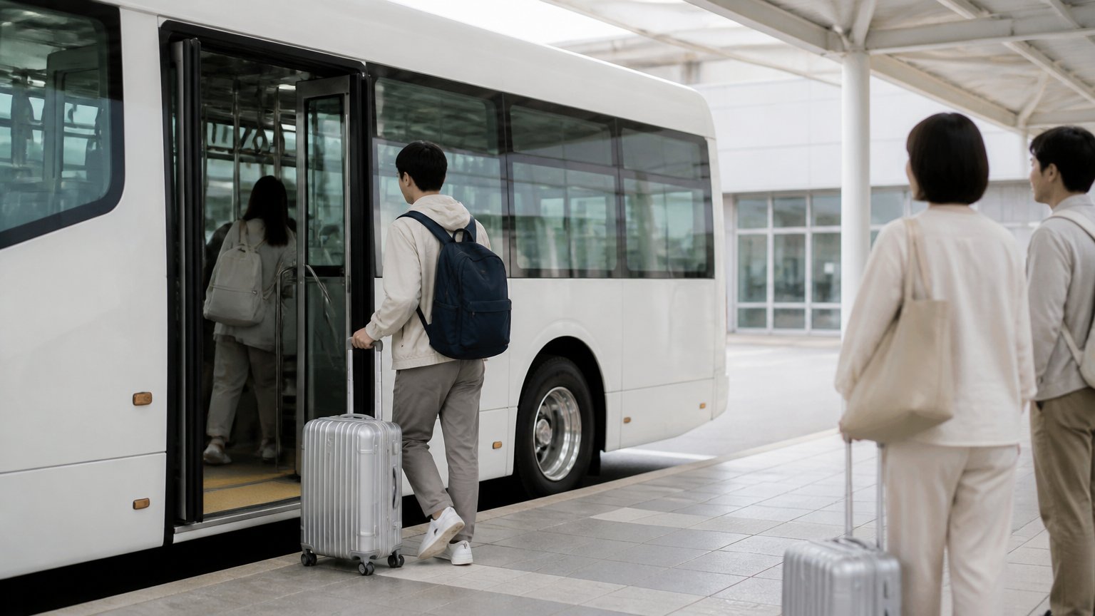 旅客背著背包、拖著登機箱，在機場航廈外準備搭上接駁巴士